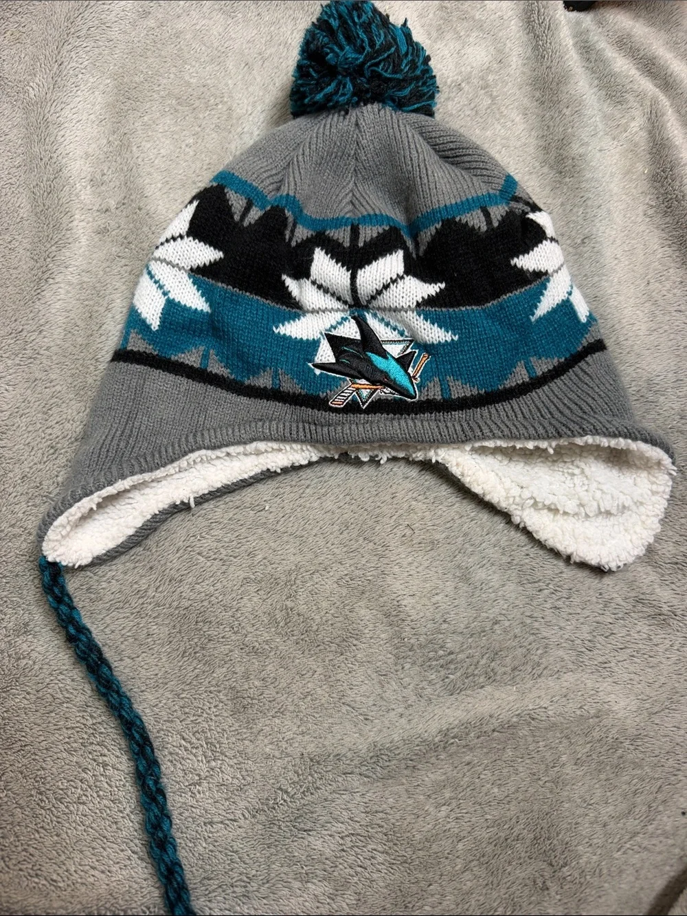 Kids Gray & Teal Fleece-Lined Earflap Pom Hat